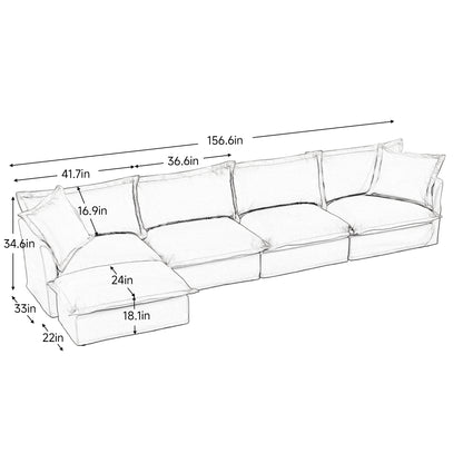 Slipcovered L Shape Sectional Long Sofa Couch, 4 Seater Sofa with Suppleness Armrests, Chenille Deep Seat Sofa with 2 Big Pillows, Comfy Couch for Living Room, Apartment, Chenille Fabric, Cream