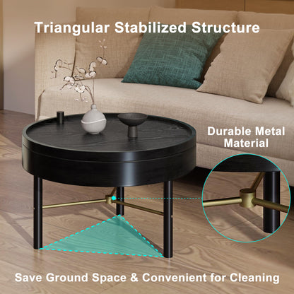 Modern Round Wood Rotating Tray Coffee Table with Storage & Metal Legs in Black