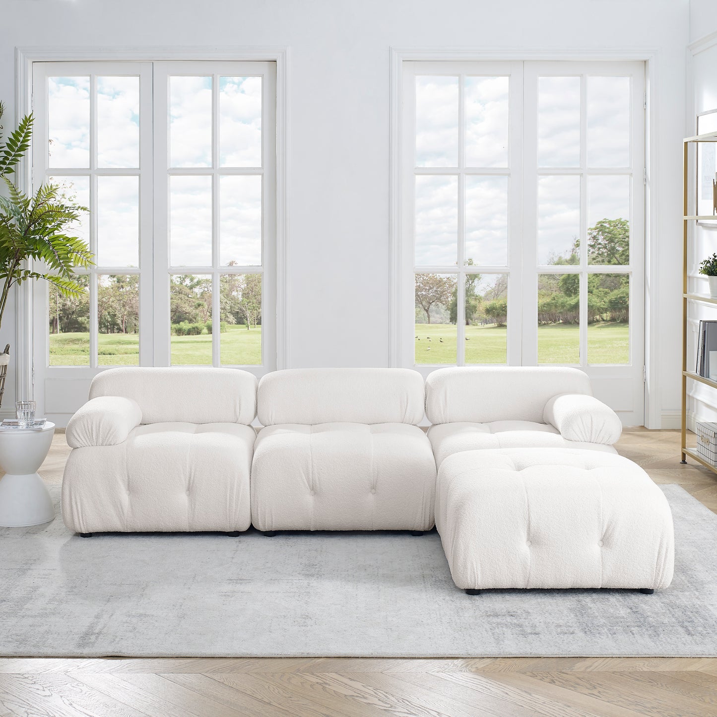 Modular Sectional Sofa, Button Tufted Designed and DIY Combination,L Shaped Couch with Reversible Ottoman, Ivory Teddy Fabric