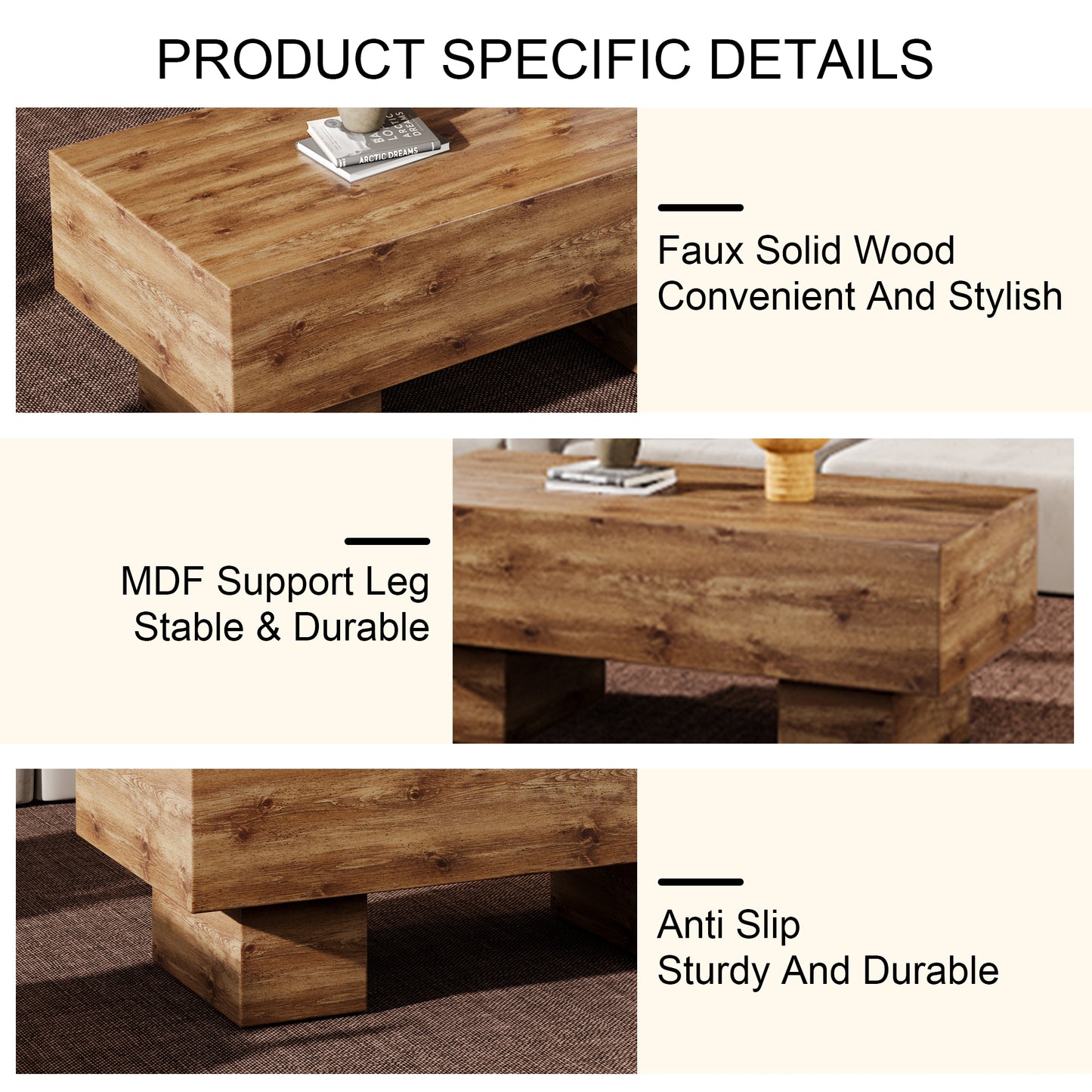 This modern rectangular coffee table features a stylish wood color, making it an ideal addition to any living room or apartment, and measures 43.3 "x 21.6" x 17.2 ".