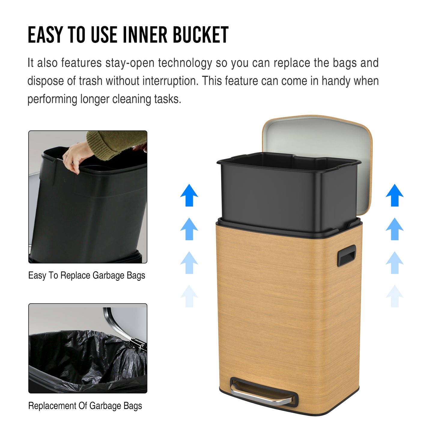 Curved Surface 13 Gallon 50L Kitchen Foot Pedal Operated Soft Close Trash Can - Stainless Steel Rectangular Bustbin with 30 Garbage Bags -Wood Texture