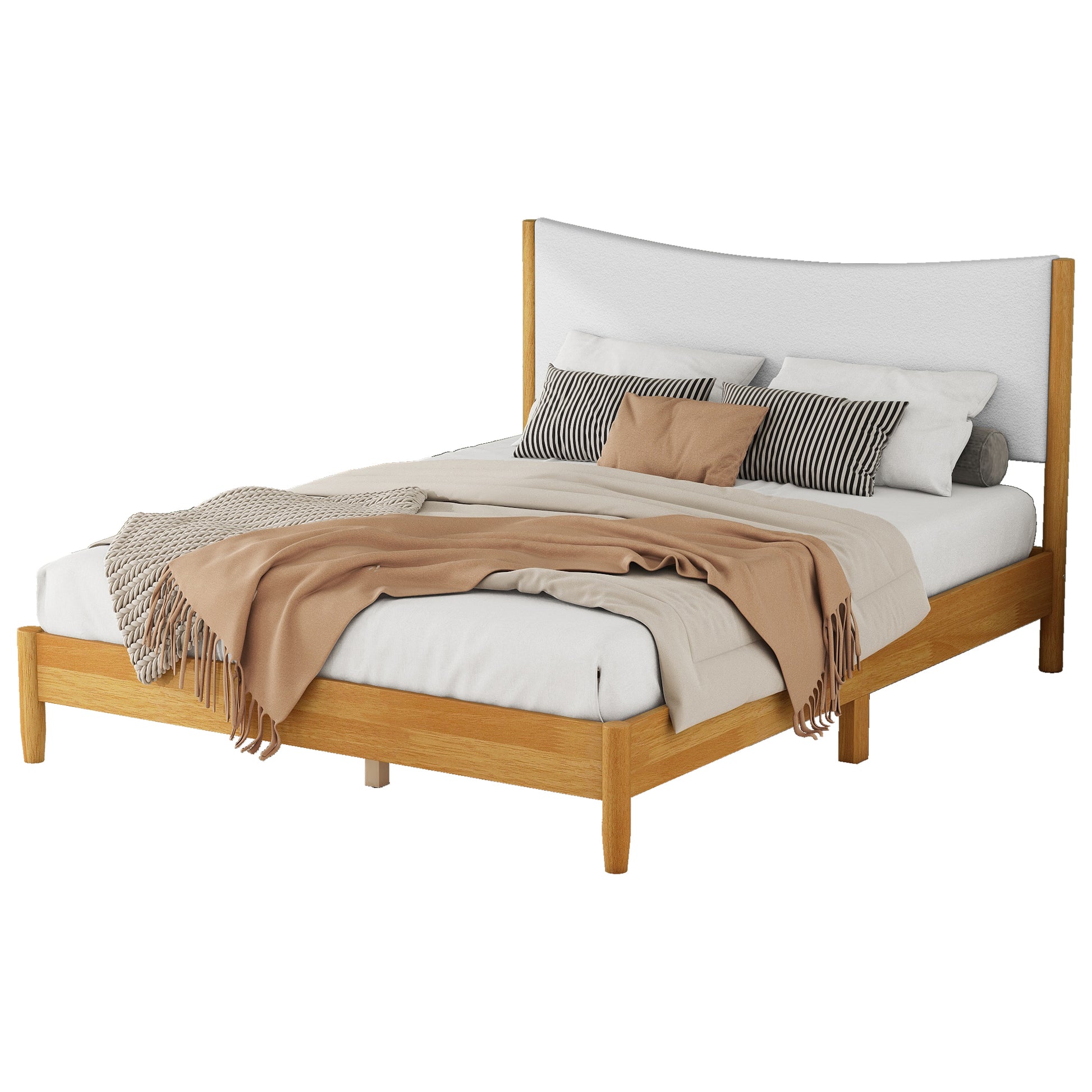 Queen Size  Rubber Wooden , Solid Wooden Bed with Teddy Velvet Cushion Upholstered Headboard, Enhanced by Support Feet