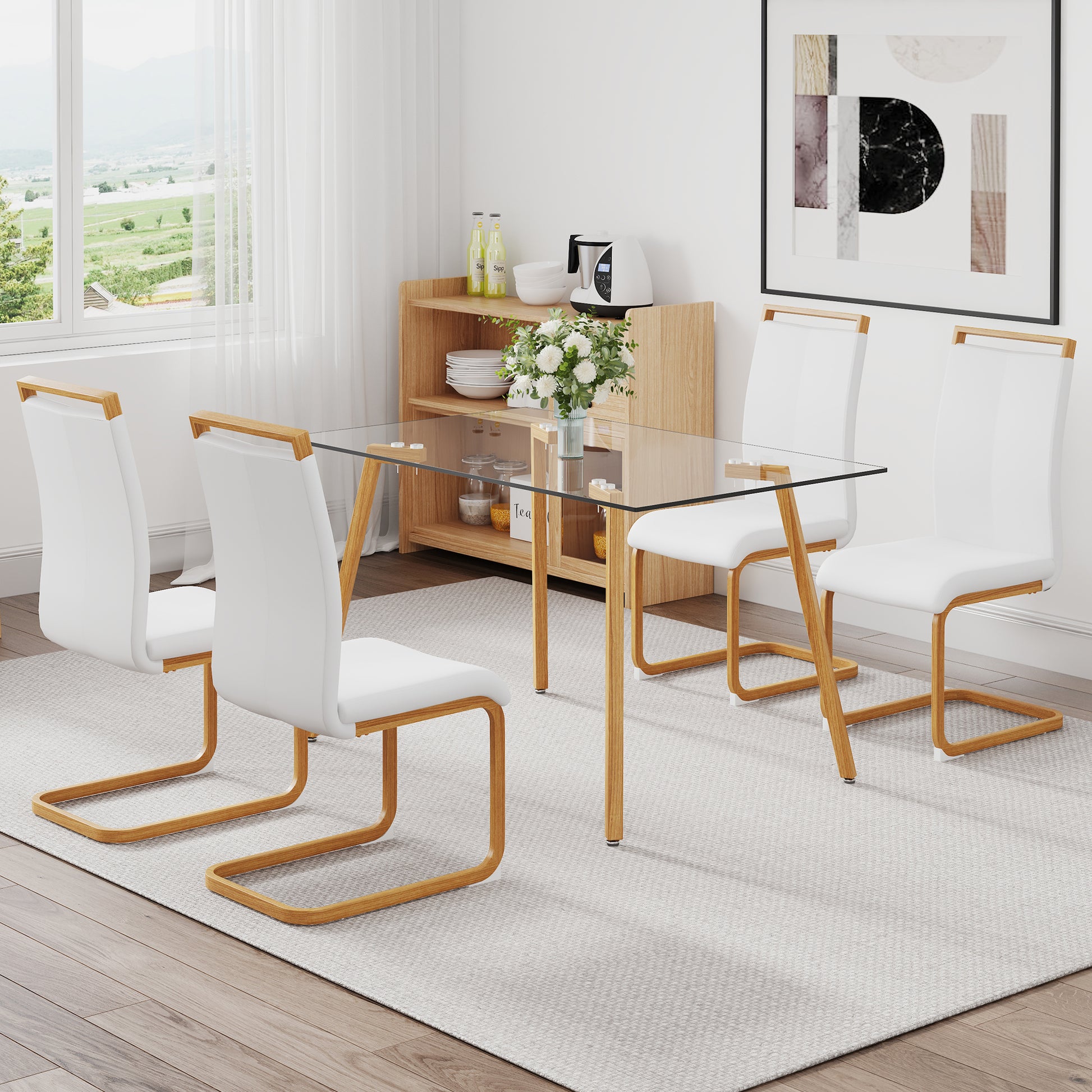 Table and chair set. 1 table and 4 white chairs. Glass dining table with 0.31 "tempered glass tabletop and metal legs. PU leather high back upholstered chair with wood color C-tube metal leg.1123 1162