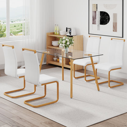 Table and chair set. 1 table and 4 white chairs. Glass dining table with 0.31 "tempered glass tabletop and metal legs. PU leather high back upholstered chair with wood color C-tube metal leg.1123 1162