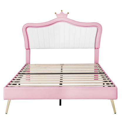 Queen Size Upholstered Bed Frame with LED Lights,Modern Upholstered Princess Bed With Crown Headboard,White+Pink