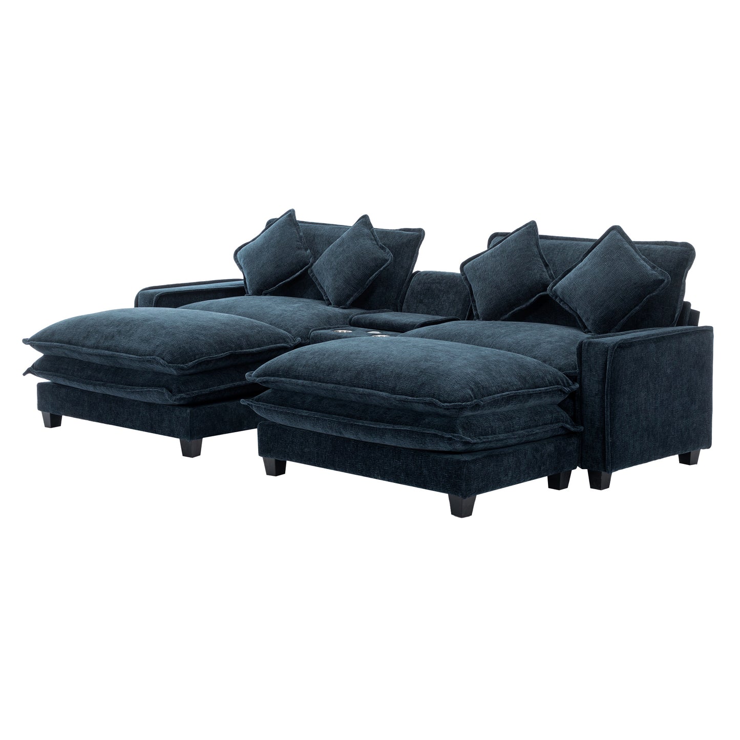 112.6" Sectional Sofa Chenille Upholstered Sofa with Two Removable Ottoman, Two USB Ports, Two Cup Holders and Large Storage Box for Living Room, Blue