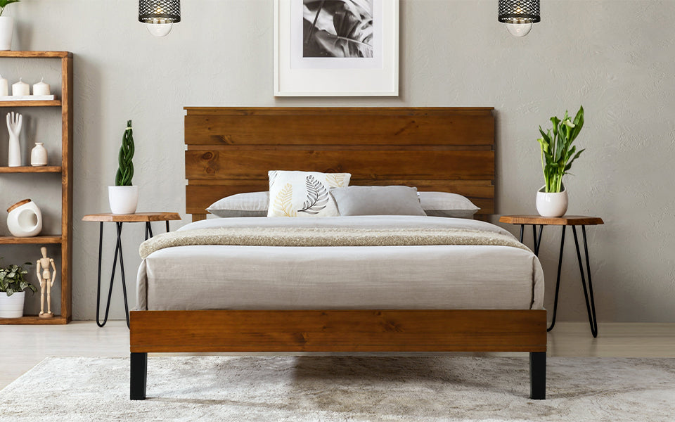 Mid-Century Modern Solid Wood Bed Frame Queen Size Platform Bed with Three-Piece Headboard Design, No Box Spring Needed, Brown