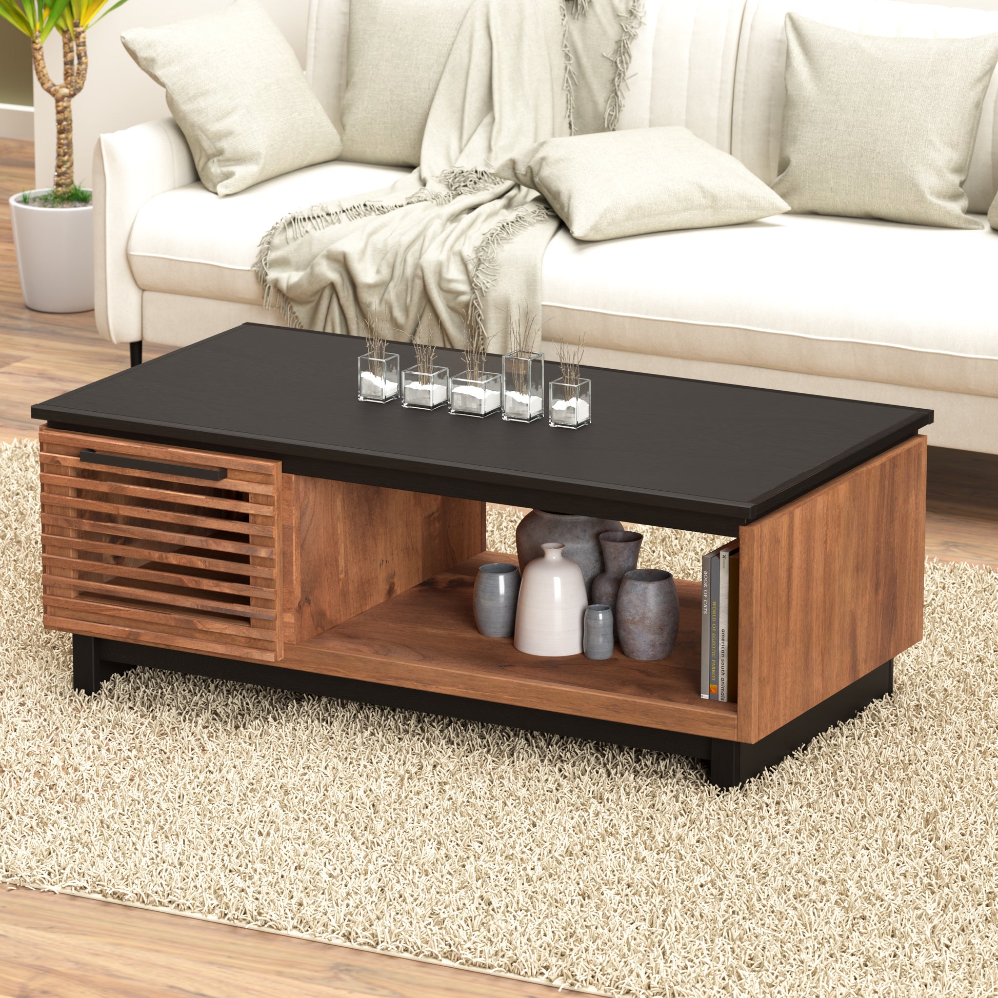 Bridgevine Home Graceland 47" Coffee Table, No Assembly Required, Black with Bourbon Finish