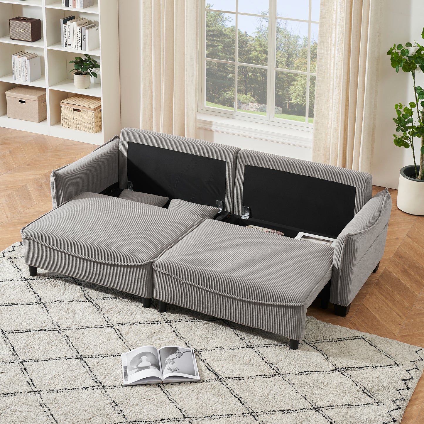 2345 grey corduroy fabric, sofa can be converted into a sofa bed with two throw pillows, suitable for living room and other scenes