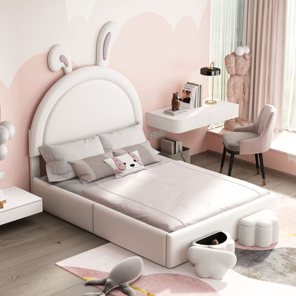 Full size Upholstered Rabbit-Shape Bed with 2 Storage Stools, Velvet Platform Bed with Cartoon Ears Shaped Headboard, White