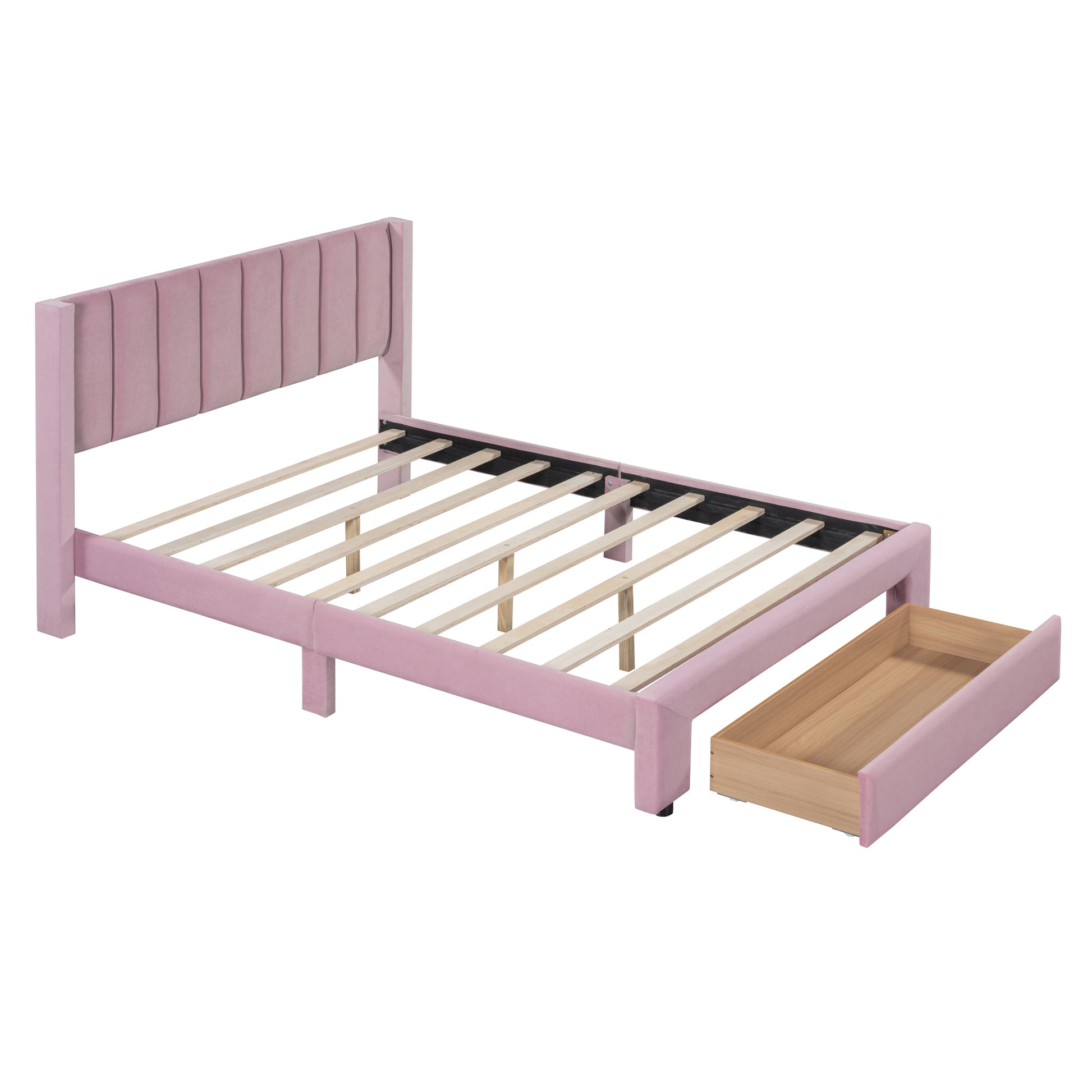 Full Size Storage Bed Velvet Upholstered Platform Bed with a Big Drawer - Pink(old sku:WF296850AAH)