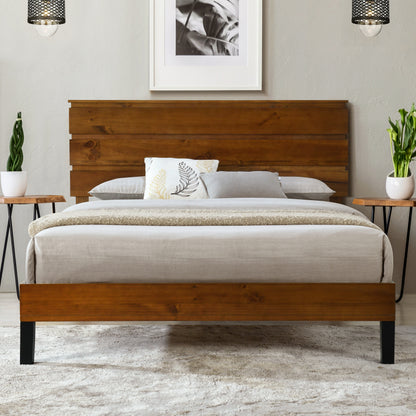 Mid-Century Modern Solid Wood Bed Frame Queen Size Platform Bed with Three-Piece Headboard Design, No Box Spring Needed, Brown