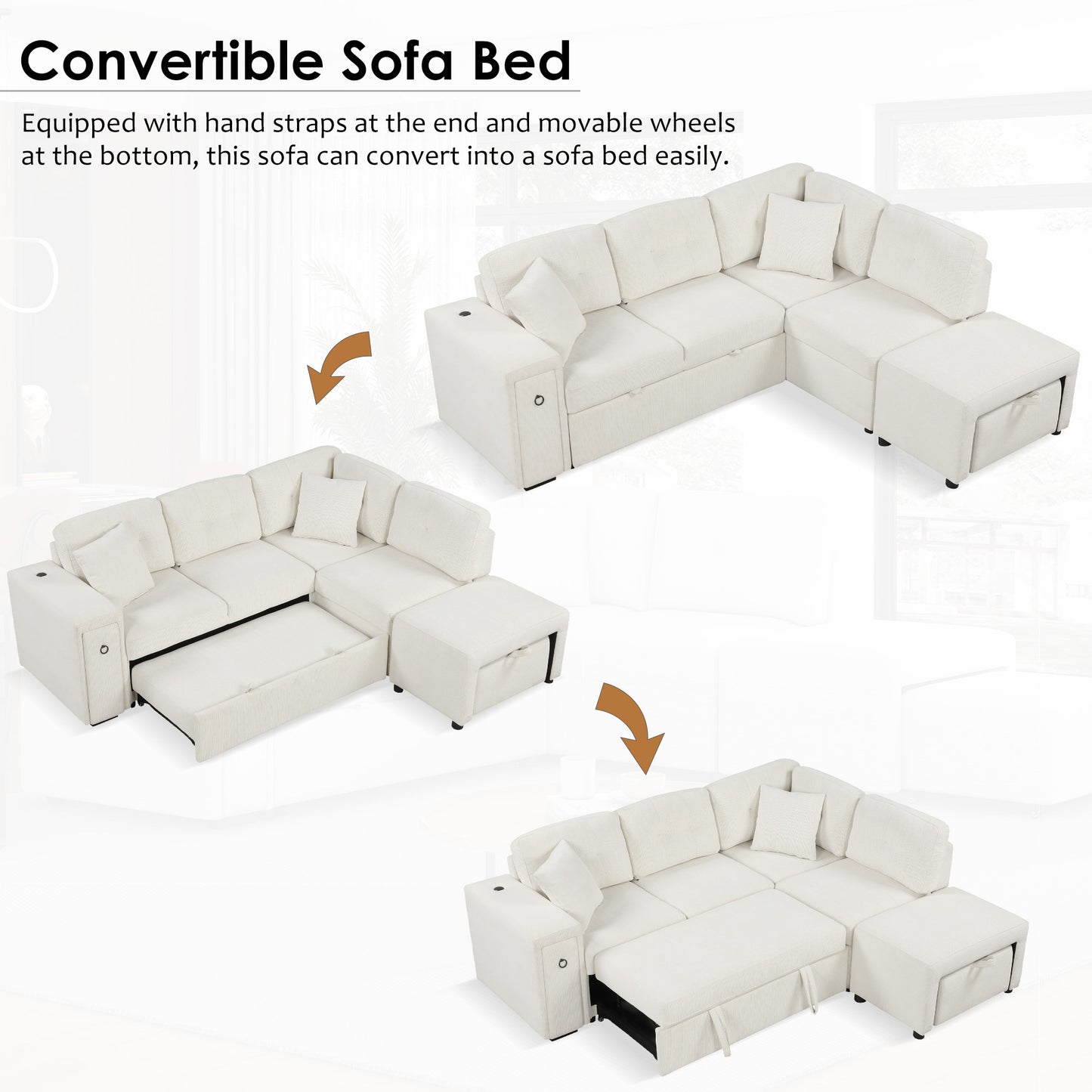 86.6" Sectional Sofa L-shaped Sofa Couch Pull-out Sofa Bed with a Movable Ottoman, Two USB Ports  and Two Cup Holders for Living Room, Beige