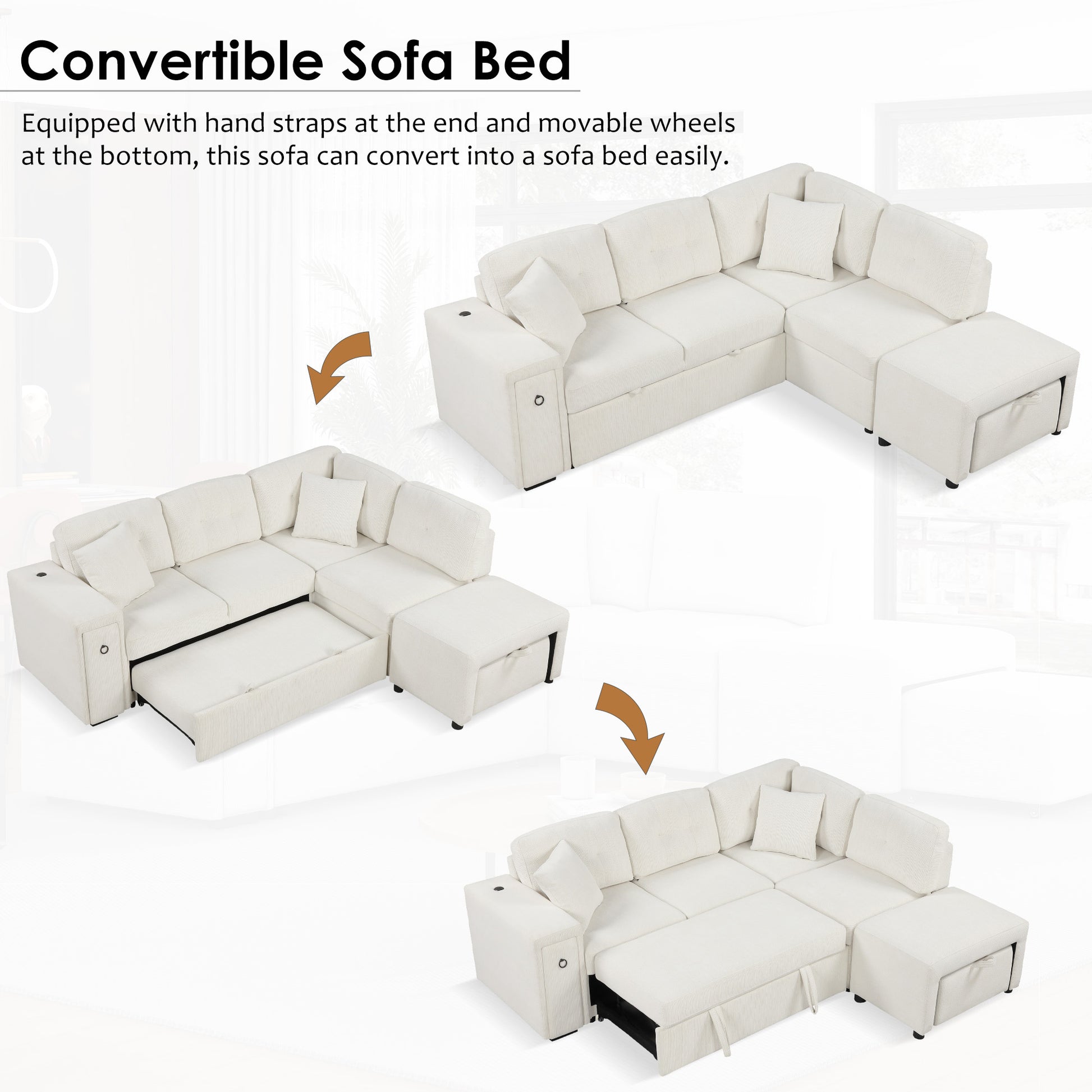 86.6" Sectional Sofa L-shaped Sofa Couch Pull-out Sofa Bed with a Movable Ottoman, Two USB Ports  and Two Cup Holders for Living Room, Beige