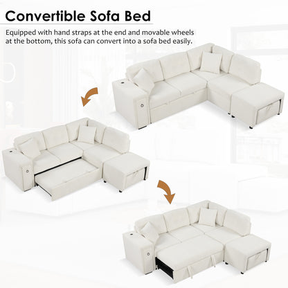 86.6" Sectional Sofa L-shaped Sofa Couch Pull-out Sofa Bed with a Movable Ottoman, Two USB Ports  and Two Cup Holders for Living Room, Beige