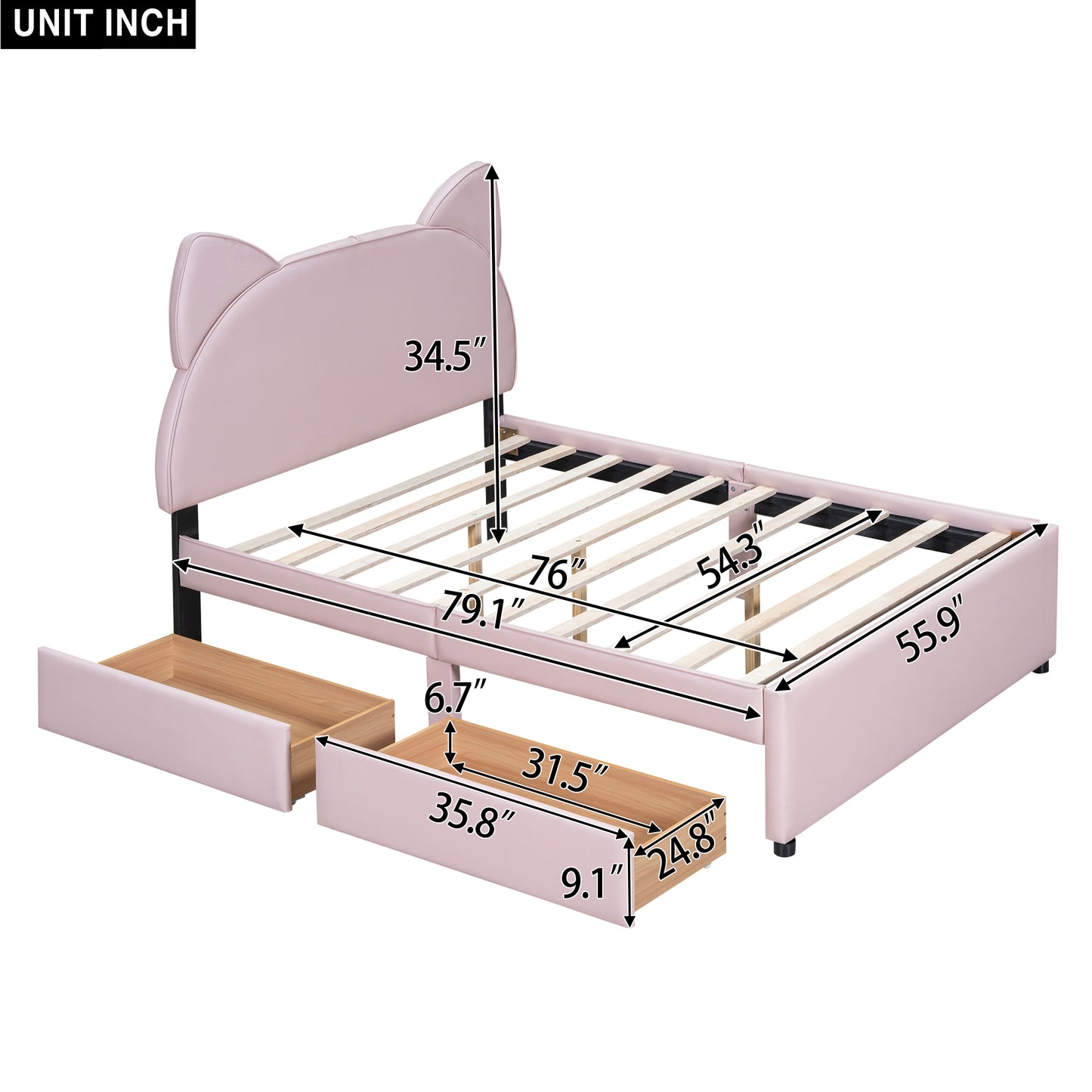 Full Size Upholstered Platform Bed with Cartoon Ears Shaped Headboard and 2 Drawers, Pink