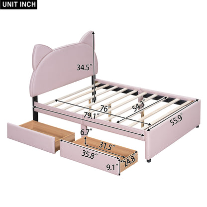 Full Size Upholstered Platform Bed with Cartoon Ears Shaped Headboard and 2 Drawers, Pink