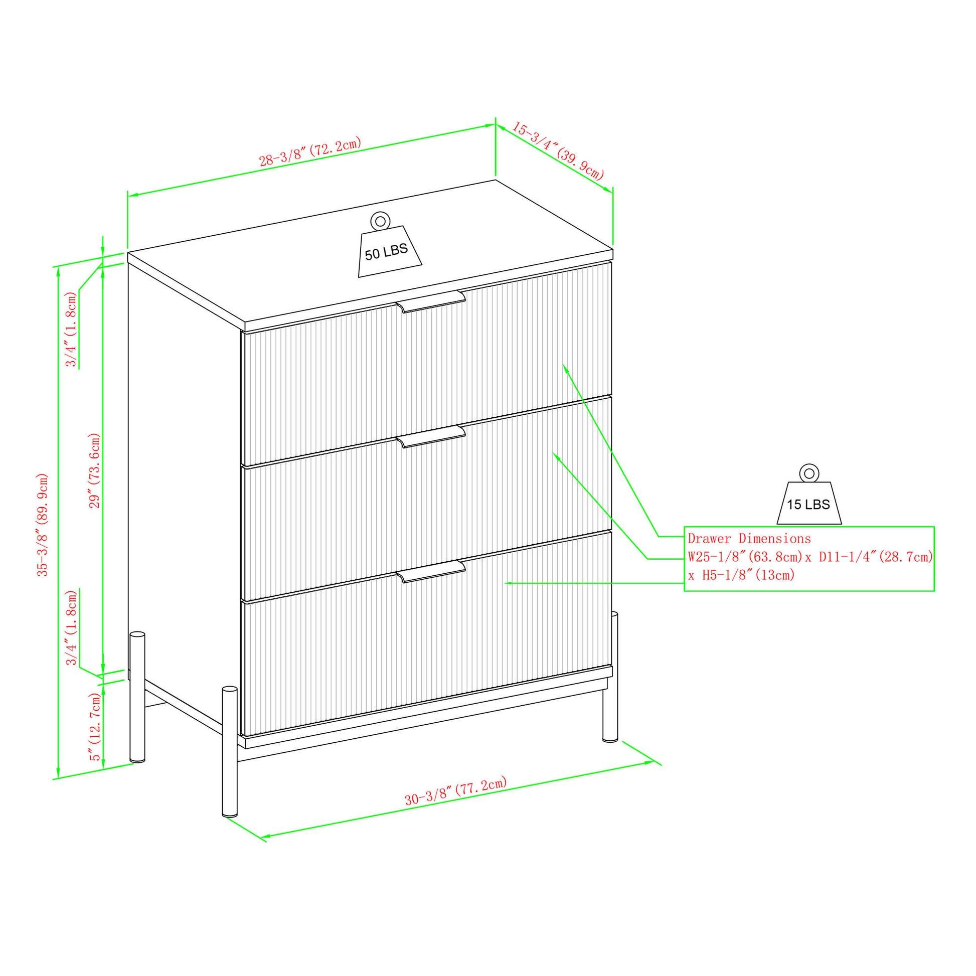 Mid-Century 3-Drawer Chest with Reeded Drawer Fronts, Mocha