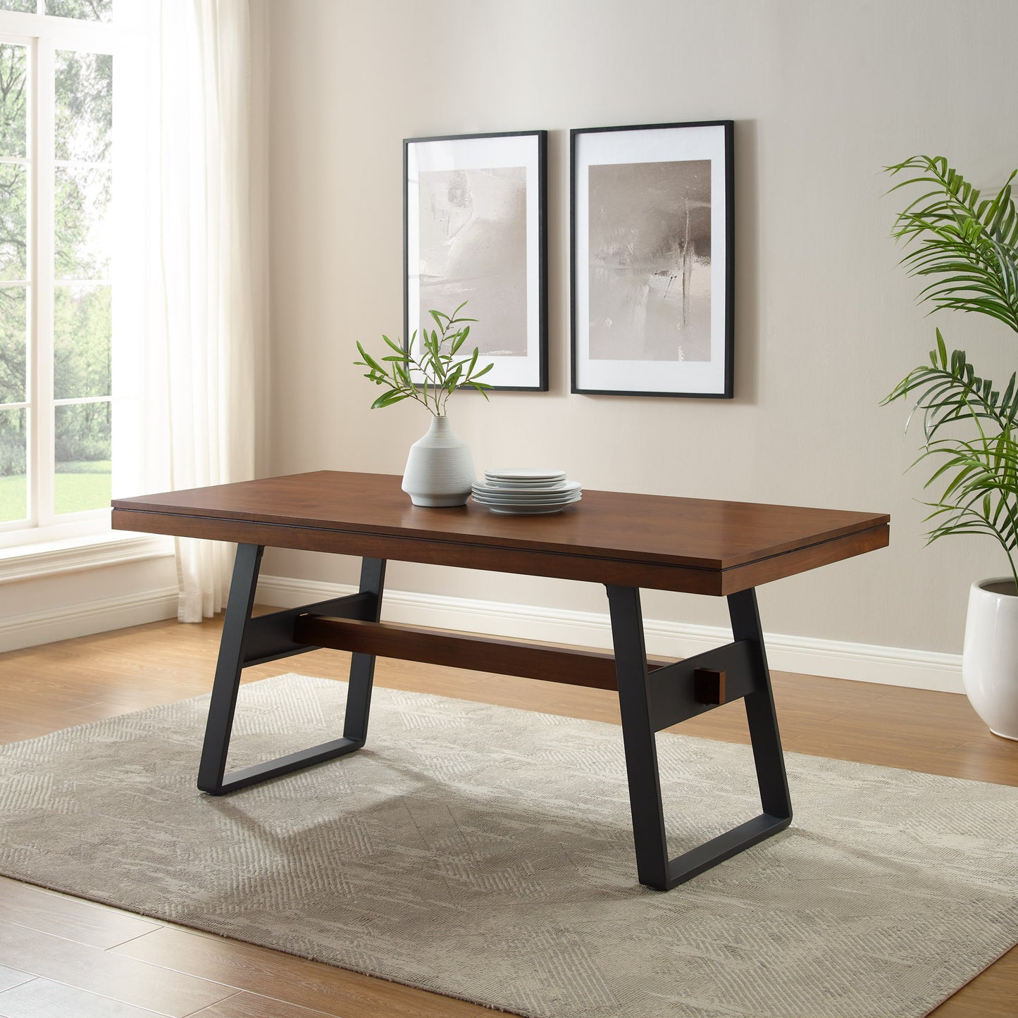 Modern Industrial Metal and Wood Large Dining Table – Dark Walnut