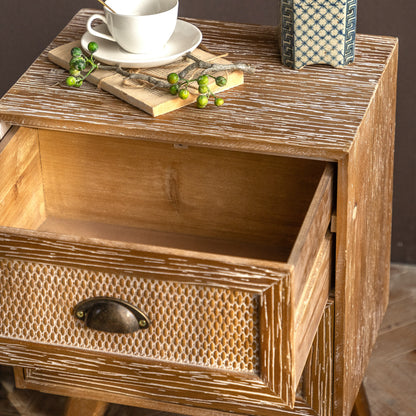 Rattan Side Table Nightstands, Farmhouse End Table with 2 Storage Rattan Drawers, Solid Bedside Tables for Bedroom Living Room Apartment