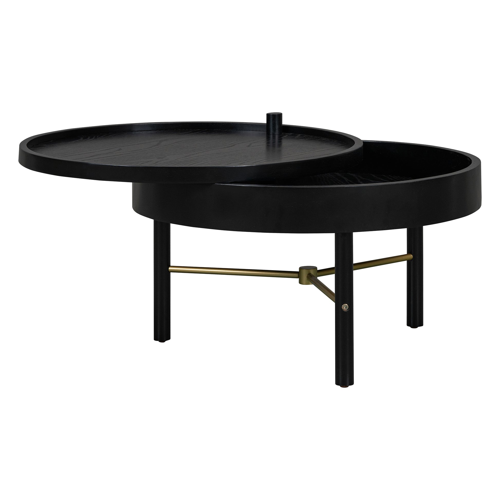 Modern Round Wood Rotating Tray Coffee Table with Storage & Metal Legs in Black