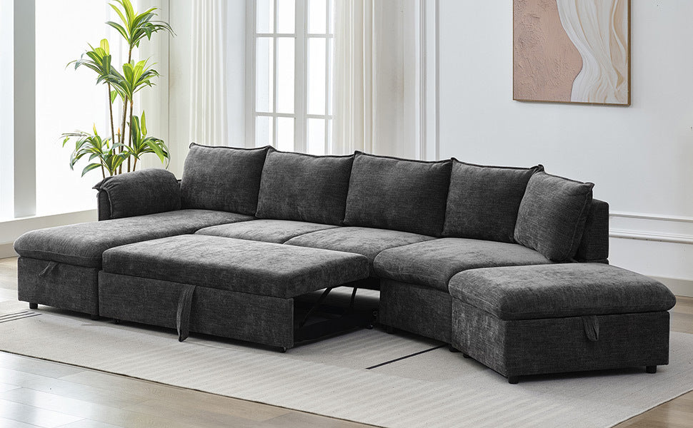 146.9" L-shaped Sofa Sectional Sofa Couch Pull-out Sofa Bed with a Movable Storage Ottoman, a Storage Chaise Lounge and Two USB Ports for Living Room, Grey