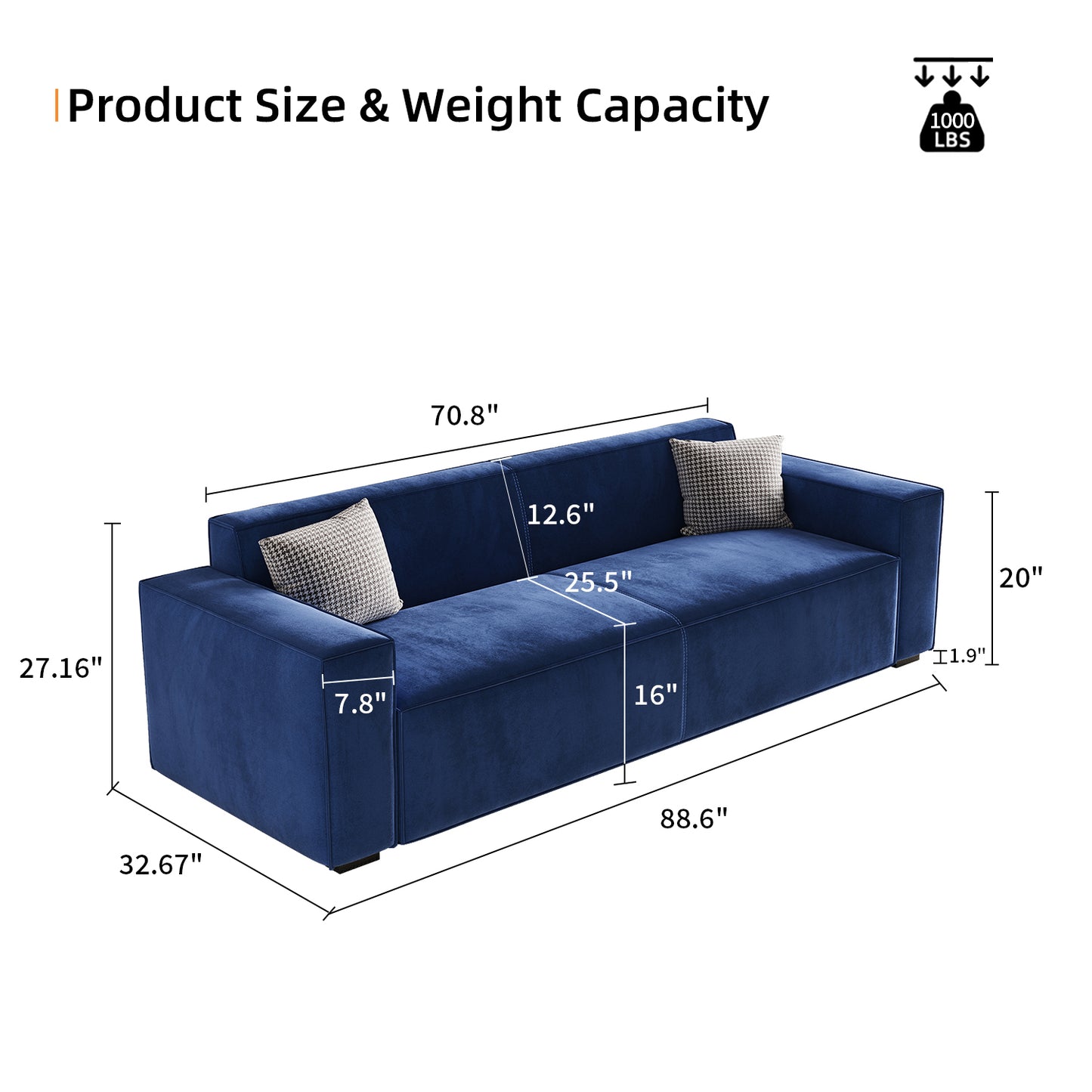 88.6" Modern Sofas Couches for Living Room,3 Seater Loveseat,Cloud Sofas & couches with Square Armrest,Deep Seat Comfy Couch for Bedroom,