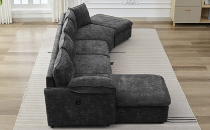 146.9" L-shaped Sofa Sectional Sofa Couch Pull-out Sofa Bed with a Movable Storage Ottoman, a Storage Chaise Lounge and Two USB Ports for Living Room, Grey