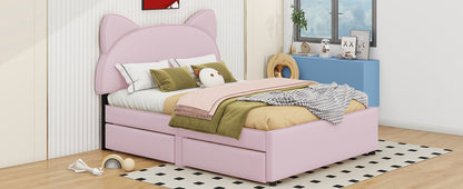 Full Size Upholstered Platform Bed with Cartoon Ears Shaped Headboard and 2 Drawers, Pink