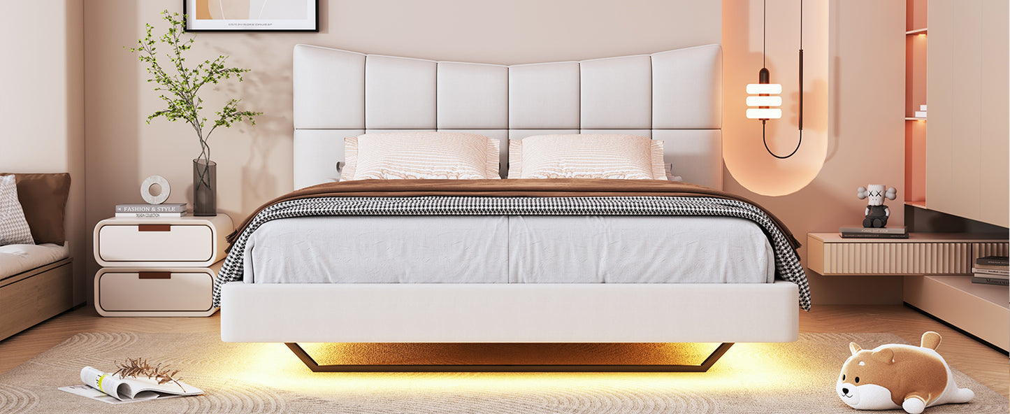 Full Size Upholstered Platform Bed with LED Lights,USB Ports and Outlets,Linen Fabric,Beige