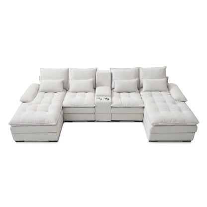 130" U-shaped Sofa with Console,Cupholders,6-seat Upholstered primary living space Furniture,Sleeper Couch Set with Chaise for Living Room,Apartment, (White)