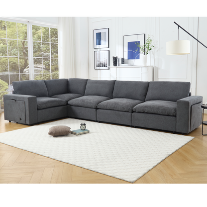 [NEW ARRIVED] [VIDEO PROVIDED]Sectional Couches For Living Room,Modular Couch,Wireless Charging Port & Cup Holders,5-seat ,DIY Combination,L-shaped Sofa,Book Storage Space,Soft Linen Fabric,Gray