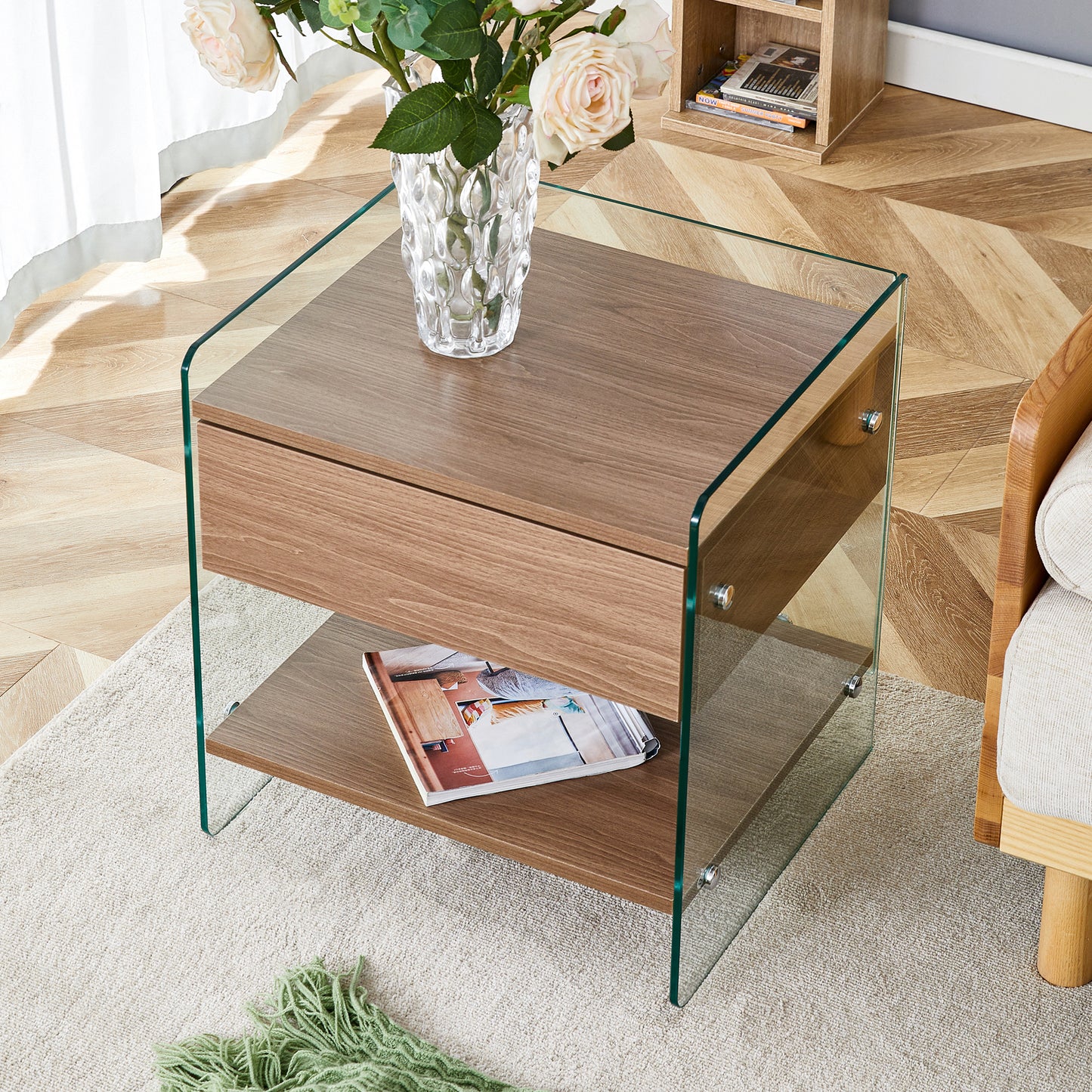 Bedside table with drawers. The board surface is MDF sticker, and both sides are transparent tempered glass. The design is simple and elegant, with excellent storage functions.