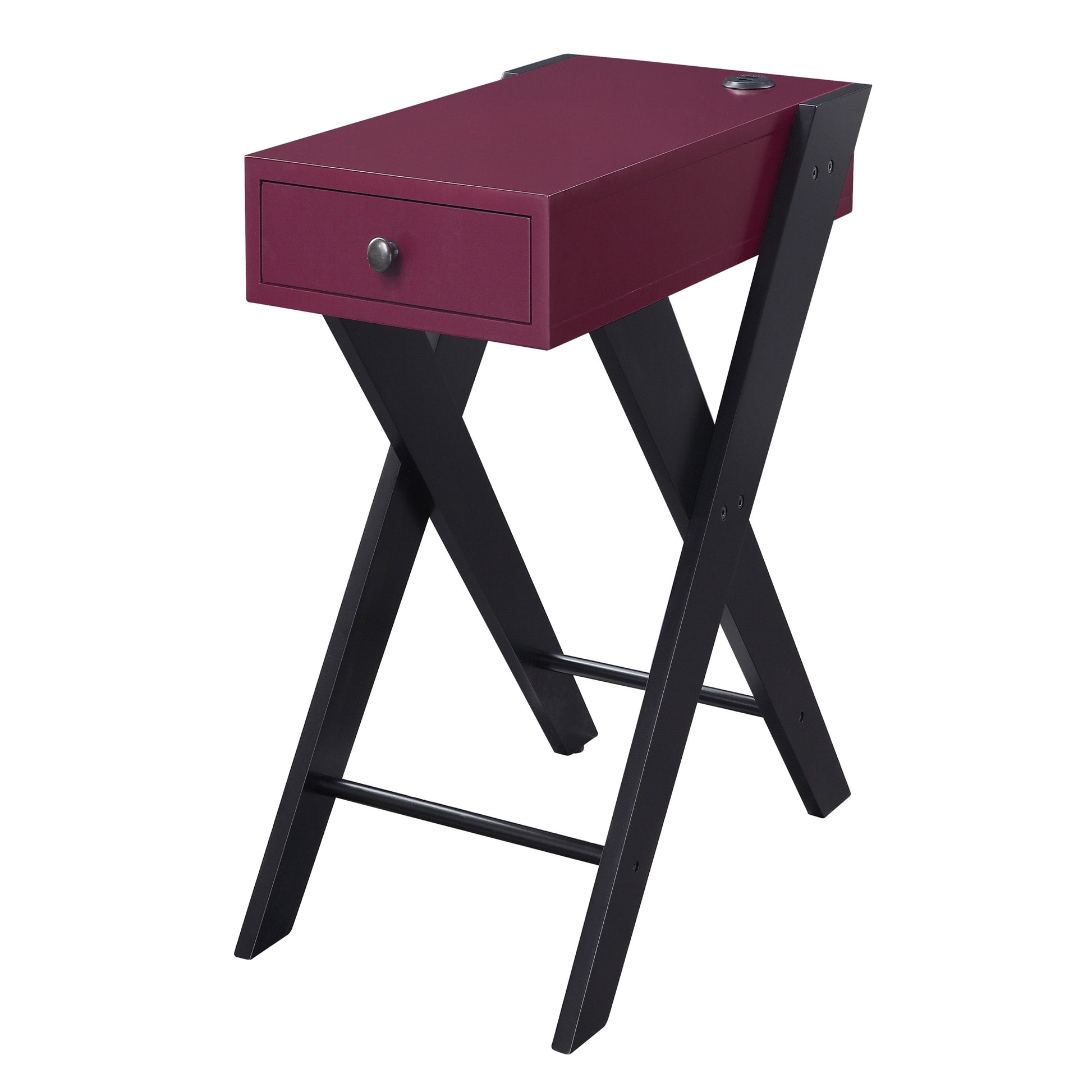 Burgundy and Black Side Table with USB Ports