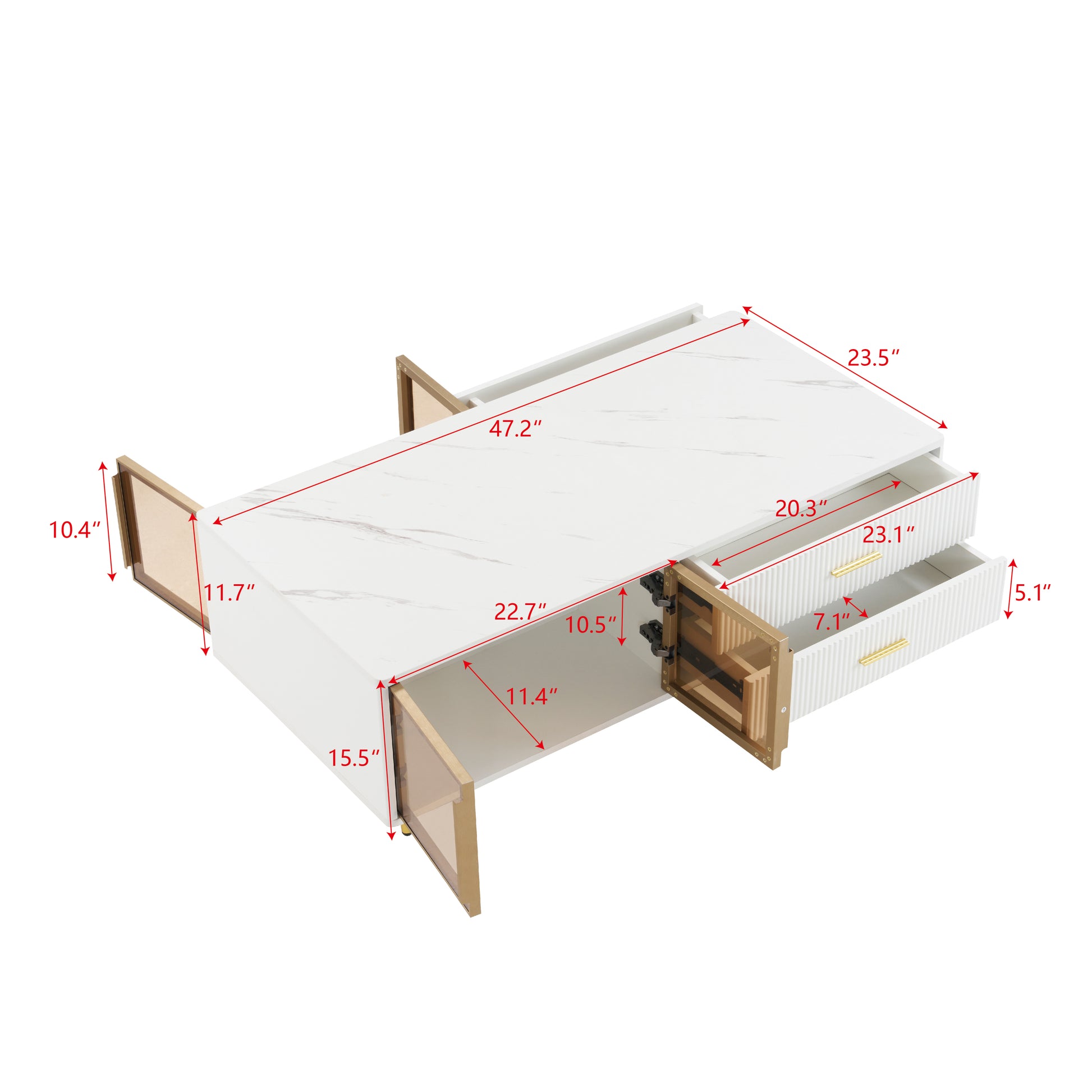 Modern White Coffee Table with 2 Glass Door Storage, 4 Drawers, Gold Metal Legs, and Multi-Color Lighting in 47.2''