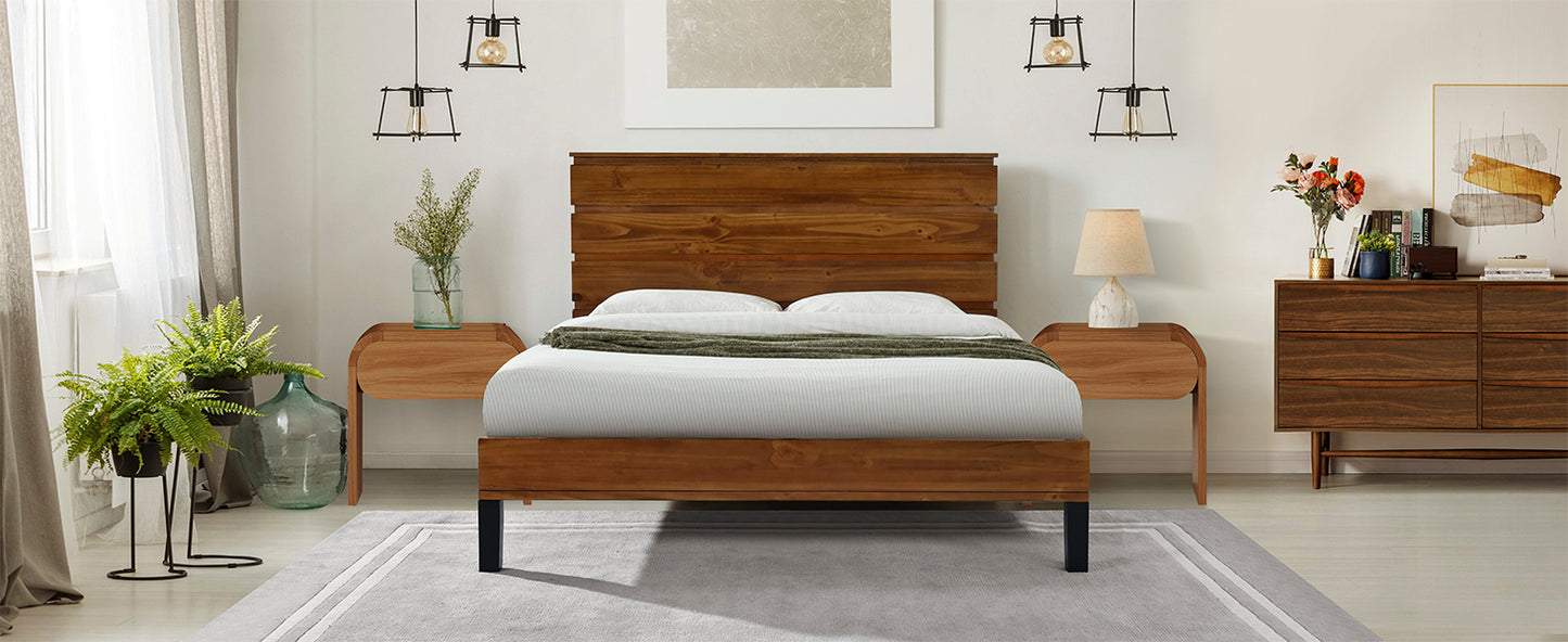 Mid-Century Modern Solid Wood Bed Frame Queen Size Platform Bed with Six-Piece Headboard Design, No Box Spring Needed, Brown