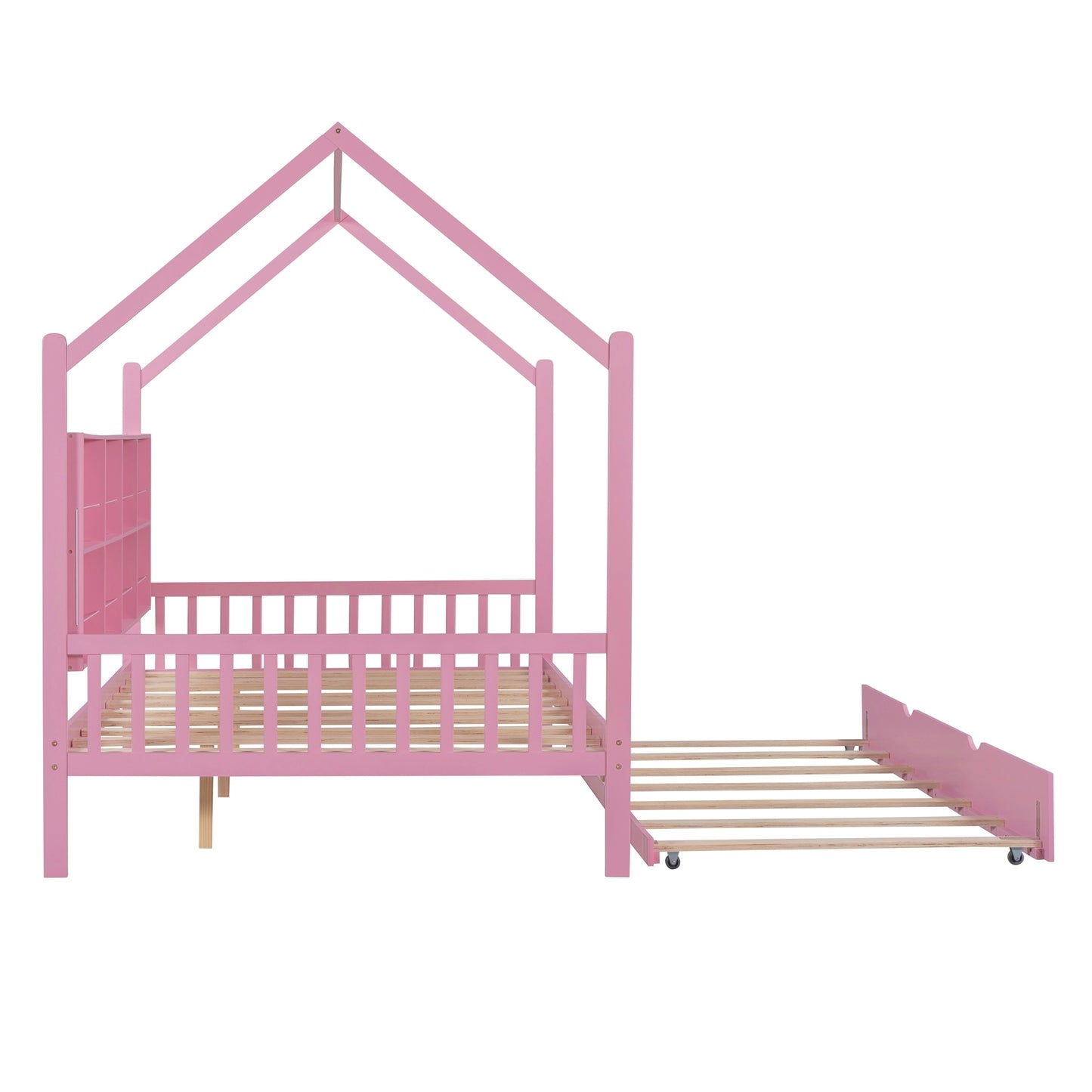 Wooden Full Size House Bed with Trundle,Kids Bed with Shelf,Pink