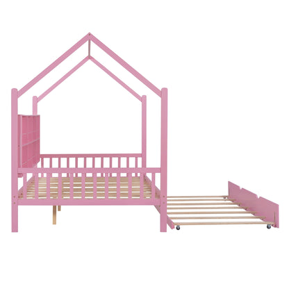 Wooden Full Size House Bed with Trundle,Kids Bed with Shelf,Pink