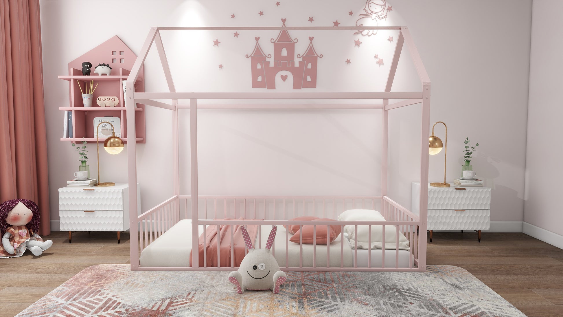 Twin Size Metal Bed House Bed Frame with Fence, for Kids, Teens, Girls, Boys, Pink