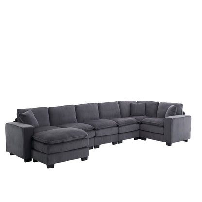 Modern U Shaped 6-seat Sectional Sofa Couch with one Ottoman and three toss pillows ,Modular Sofa for Living Room,Corduroy sofa