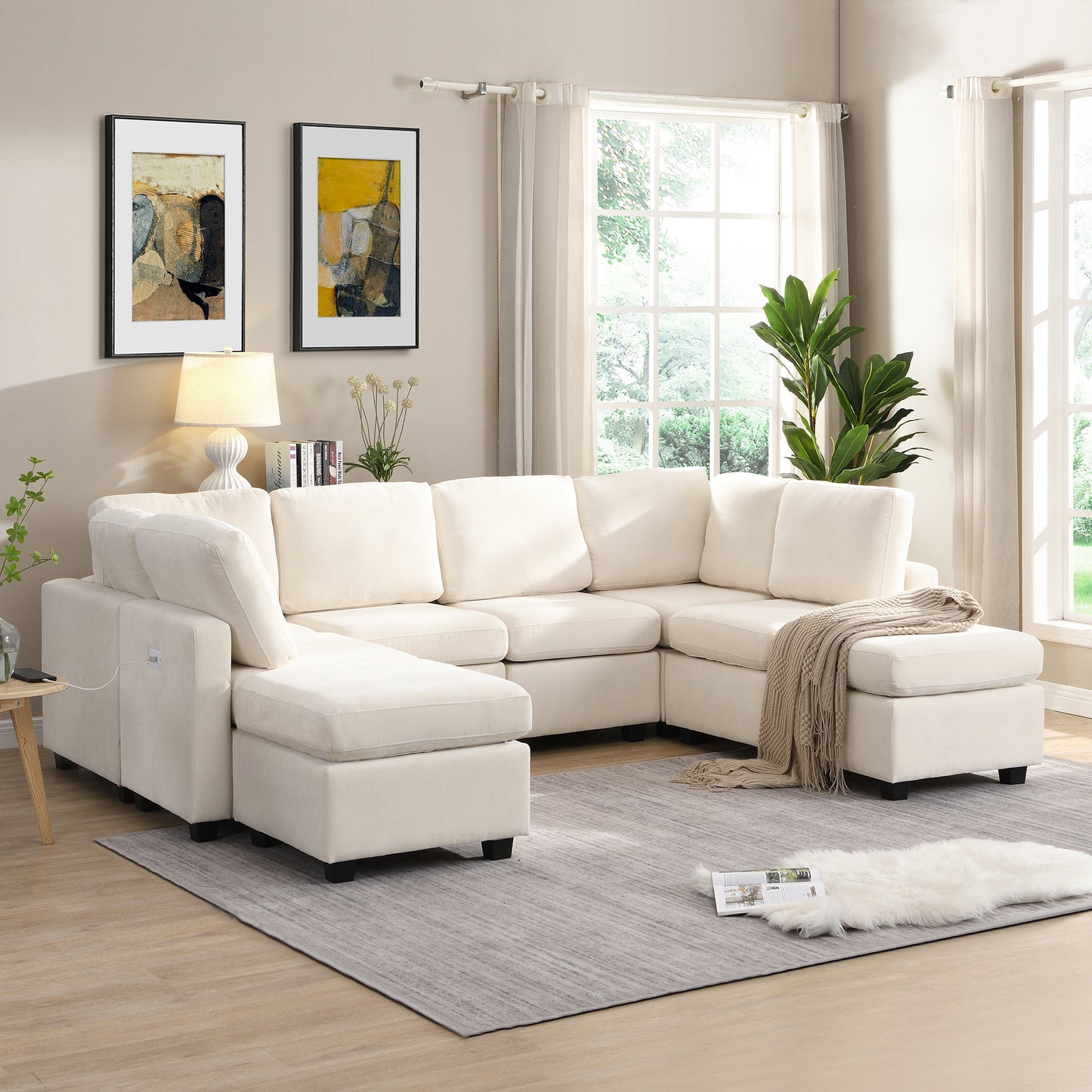 103" Sectional Sofa Couch Sofa Bed U-shaped Sofa with Two Movable Ottoman and Three USB Ports for Living Room, Beige