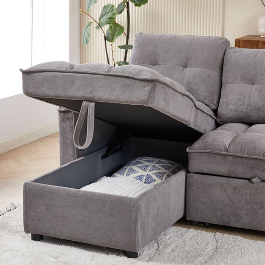 MH 78.75" Reclining Sofa, Pull-Out Sofa Bed with USB and tape-c charging ports, L-Shaped Sectional Sofa with Reclining Storage and Arm Side Organizer Pocket Features, Living Room Comfort Sofa