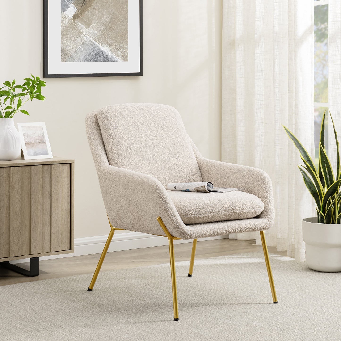 Contemporary Upholstered Boucle Minimalist Accent Chair – Cream / Gold