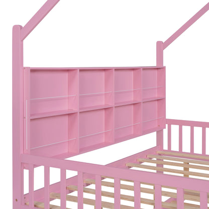 Wooden Full Size House Bed with Trundle,Kids Bed with Shelf,Pink