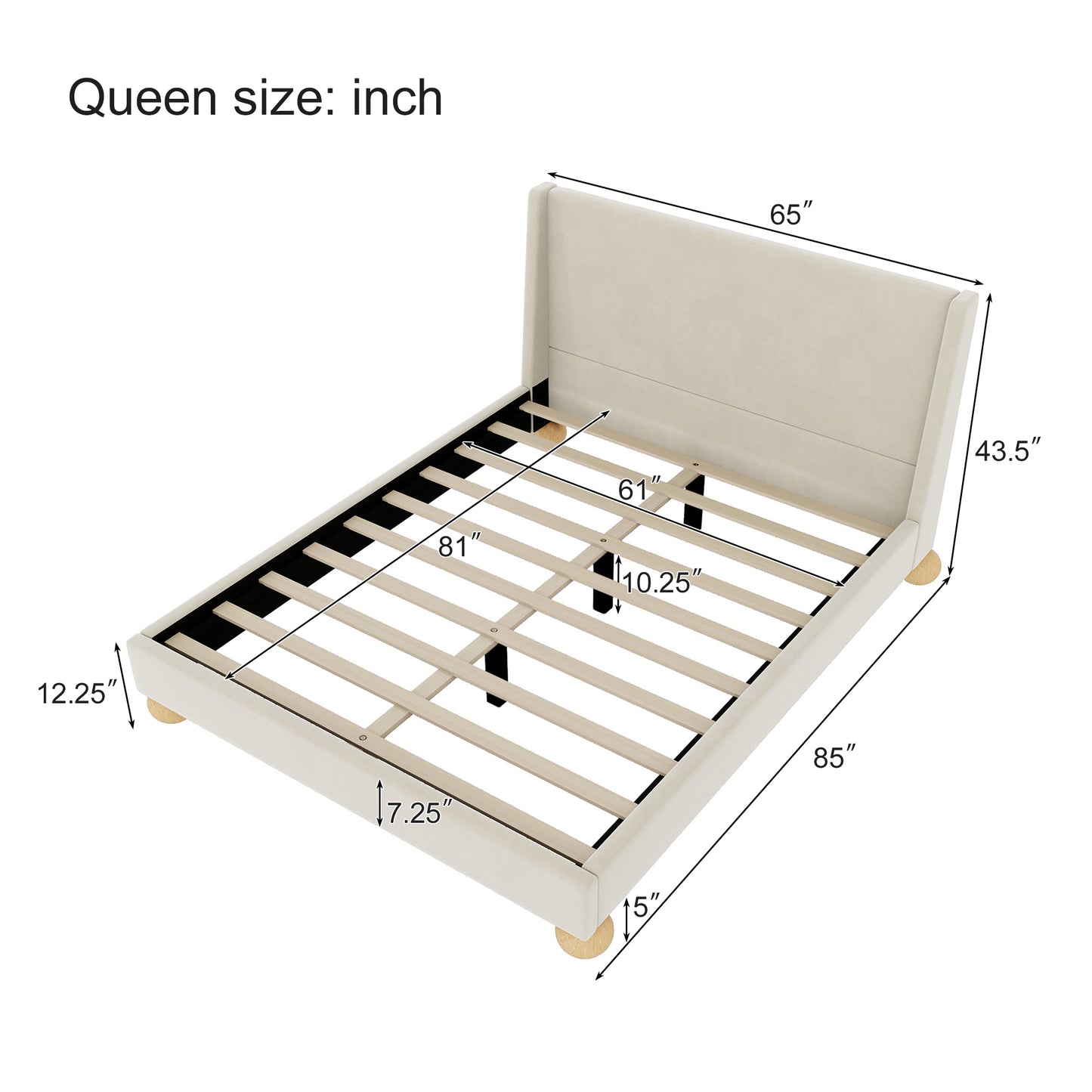 Modern Velvet Upholstered Platform Bed with Wingback Headboard and Round Wooden Legs, Cream,Queen Size(old sku:BS531851AAC)