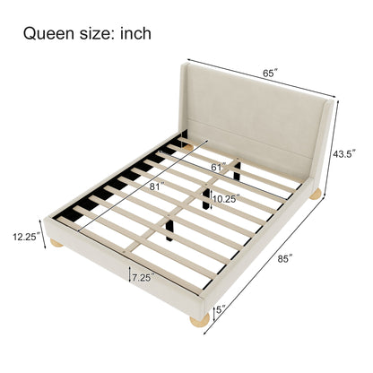 Modern Velvet Upholstered Platform Bed with Wingback Headboard and Round Wooden Legs, Cream,Queen Size(old sku:BS531851AAC)