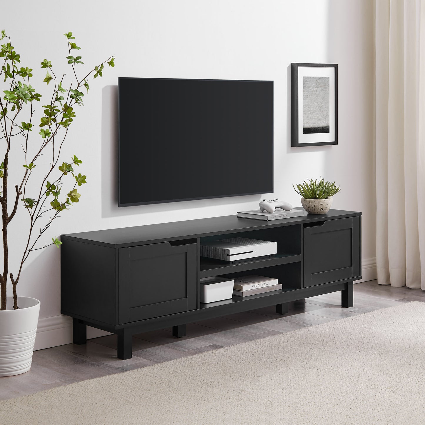 Modern 2-Door Open Storage TV Stand for TVs up to 65 inches – Solid Black