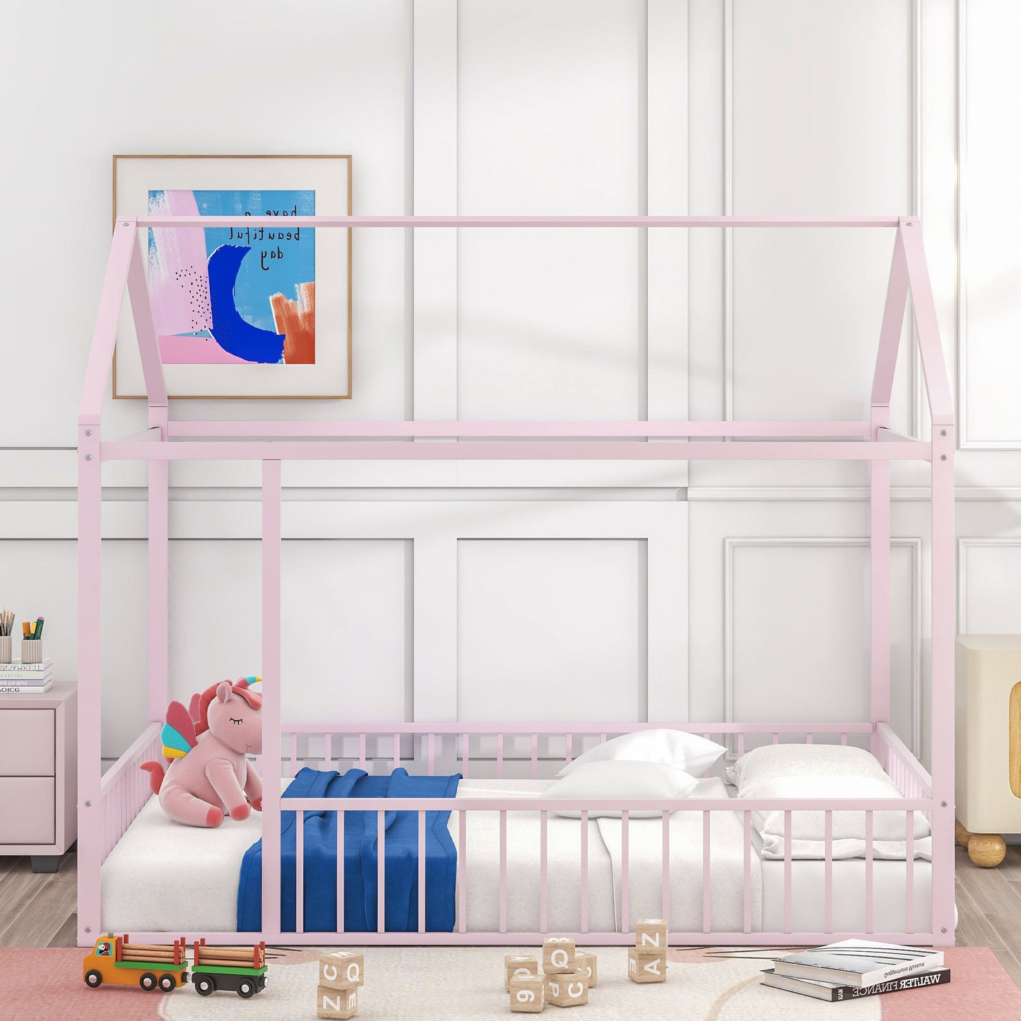 Full Size Metal Bed House Bed Frame with Fence, for Kids, Teens, Girls, Boys,Pink