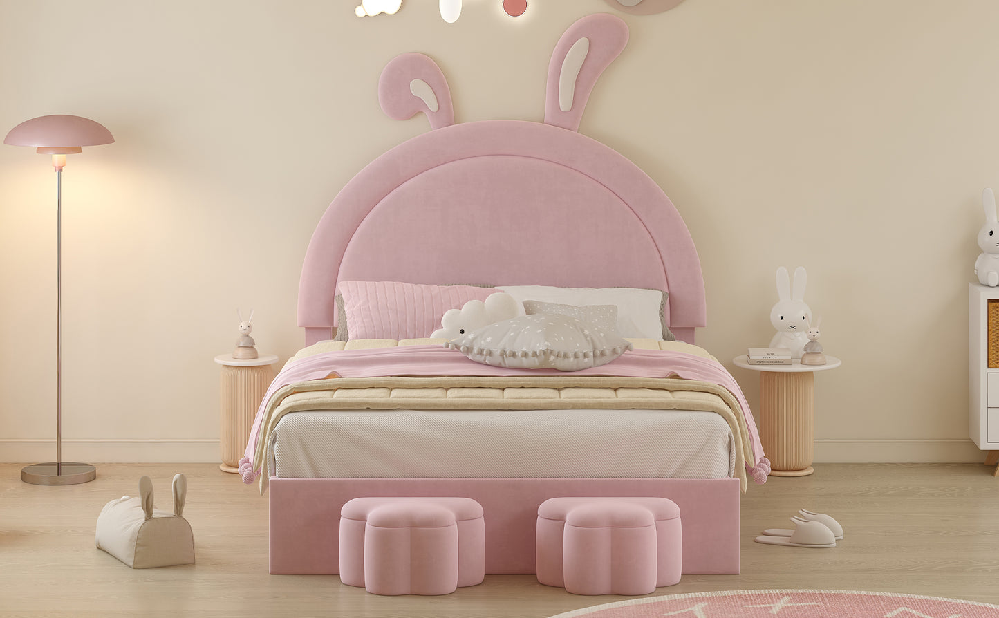 Full size Upholstered Rabbit-Shape Bed with 2 Storage Stools, Velvet Platform Bed with Cartoon Ears Shaped Headboard, Pink