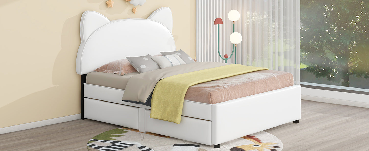 Full Size Upholstered Platform Bed with Cartoon Ears Shaped Headboard and 2 Drawers, White